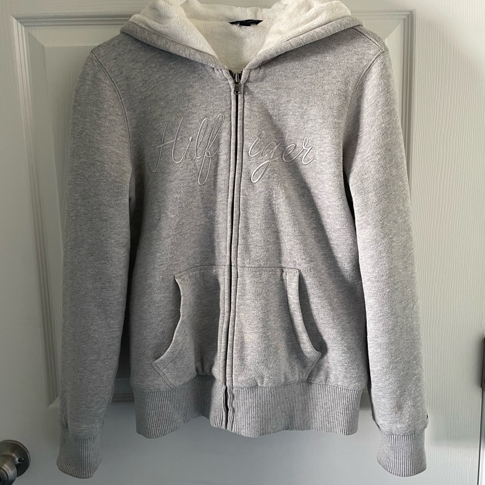 tommy hilfiger sherpa hoodie women silver full zip Size Small